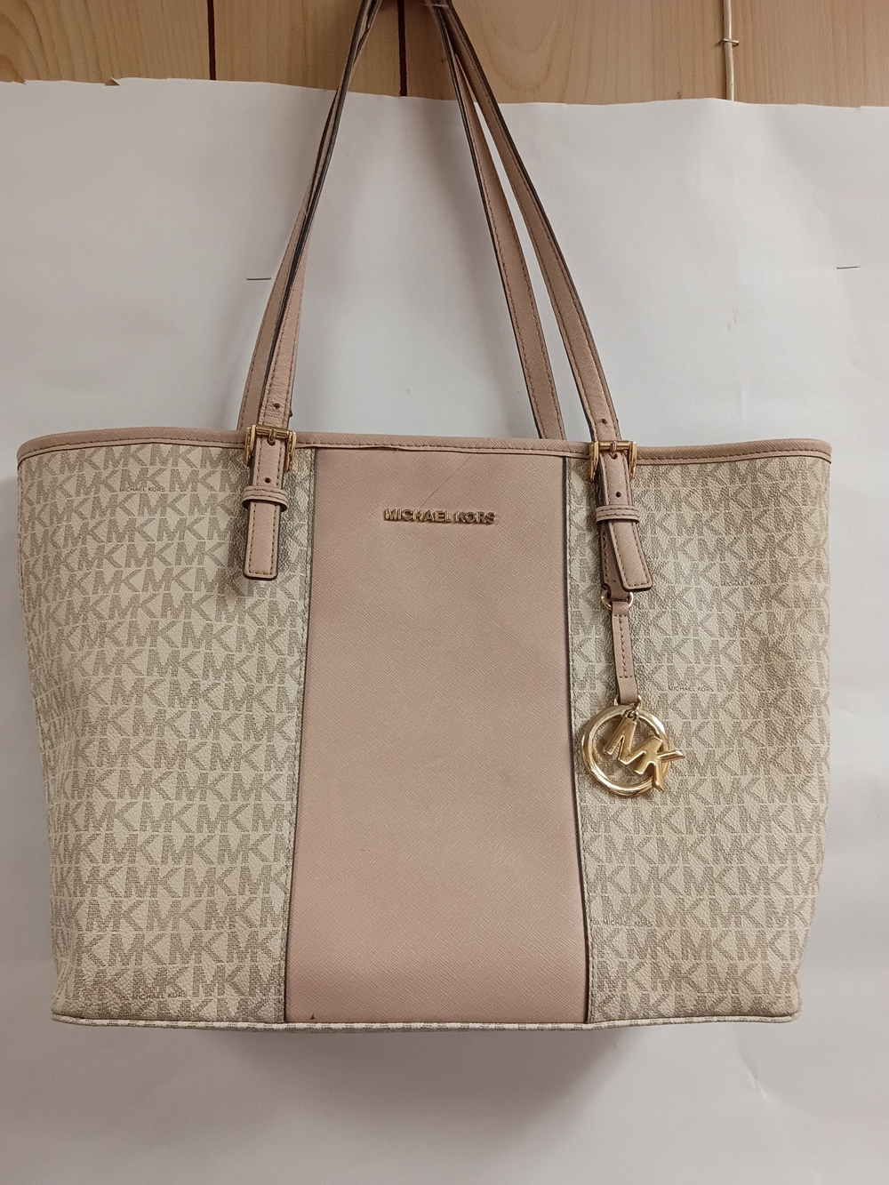 Michael Kors Blush Pink and Ivory MK Signature Tote with Gold Charm